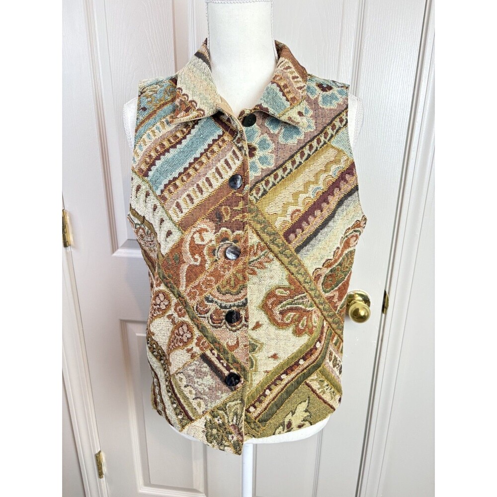 Tapestry Vest Artsy Coldwater Creek Patchwork Vest Medium Upholstery Button 464